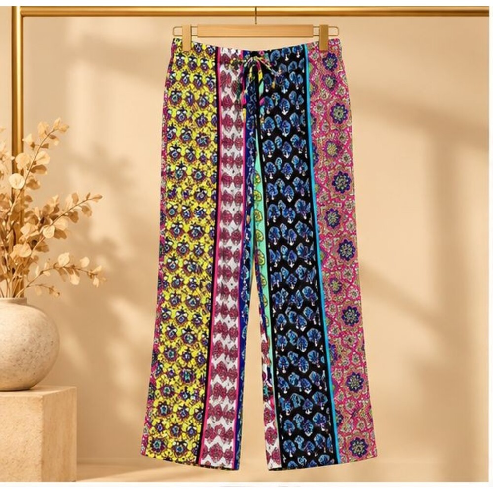 Josie Natori Multicolor Boho Patchwork Satin Wide Leg Lounge Pants Womens Small
